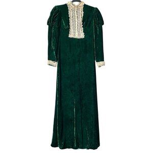 Vintage Green Velvet Victorian Dress 80s Handmade Lace Puff Sleeve Goth Whimsy